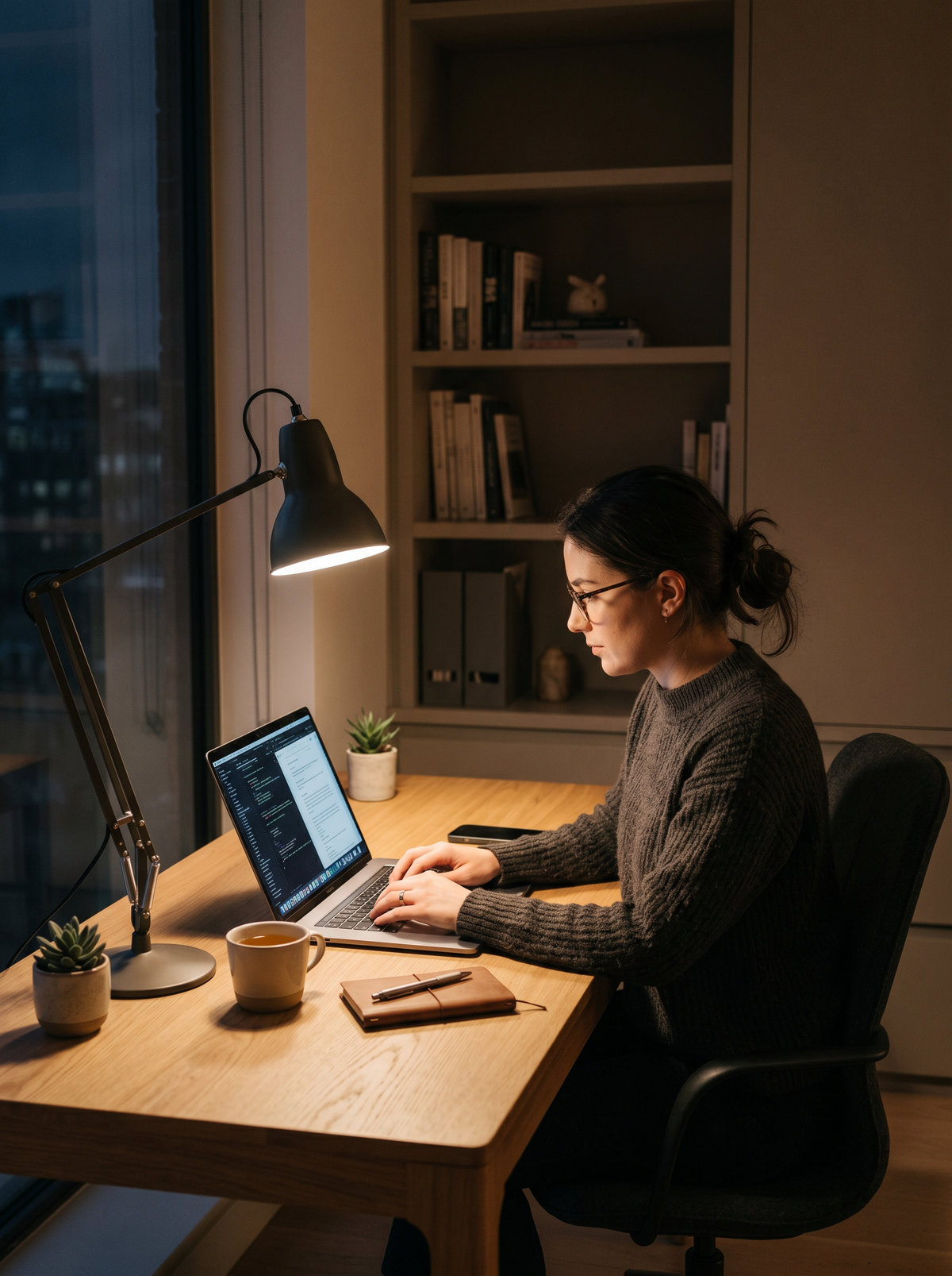 Focused person working at a desk in a modern workspace