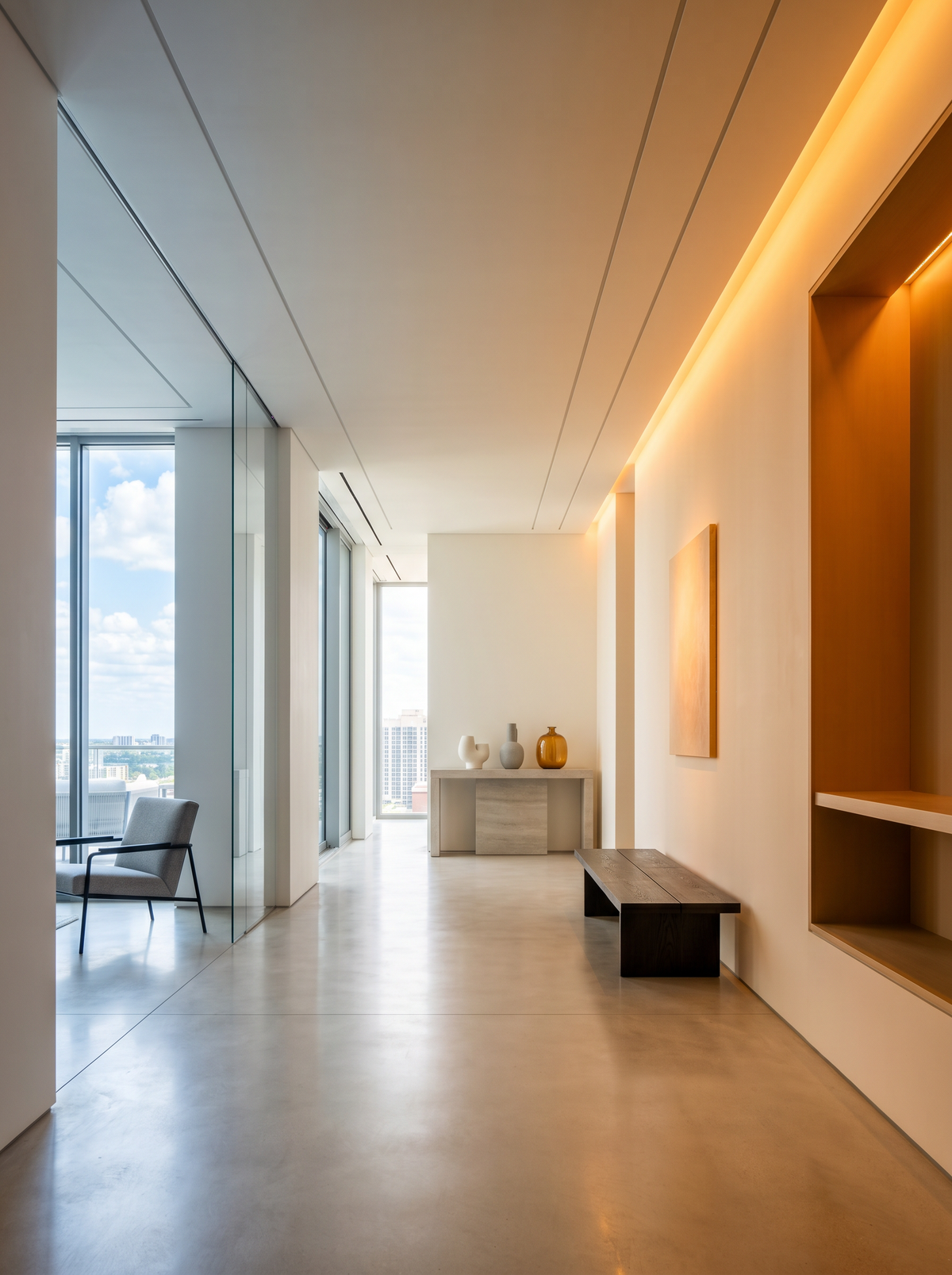 Minimalist modern interior with elegant lighting and clean design