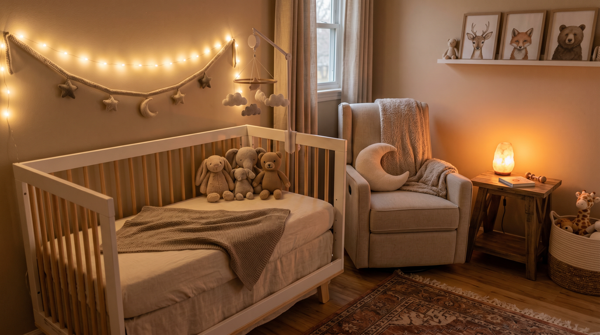 Softly lit nursery with a warm crib area