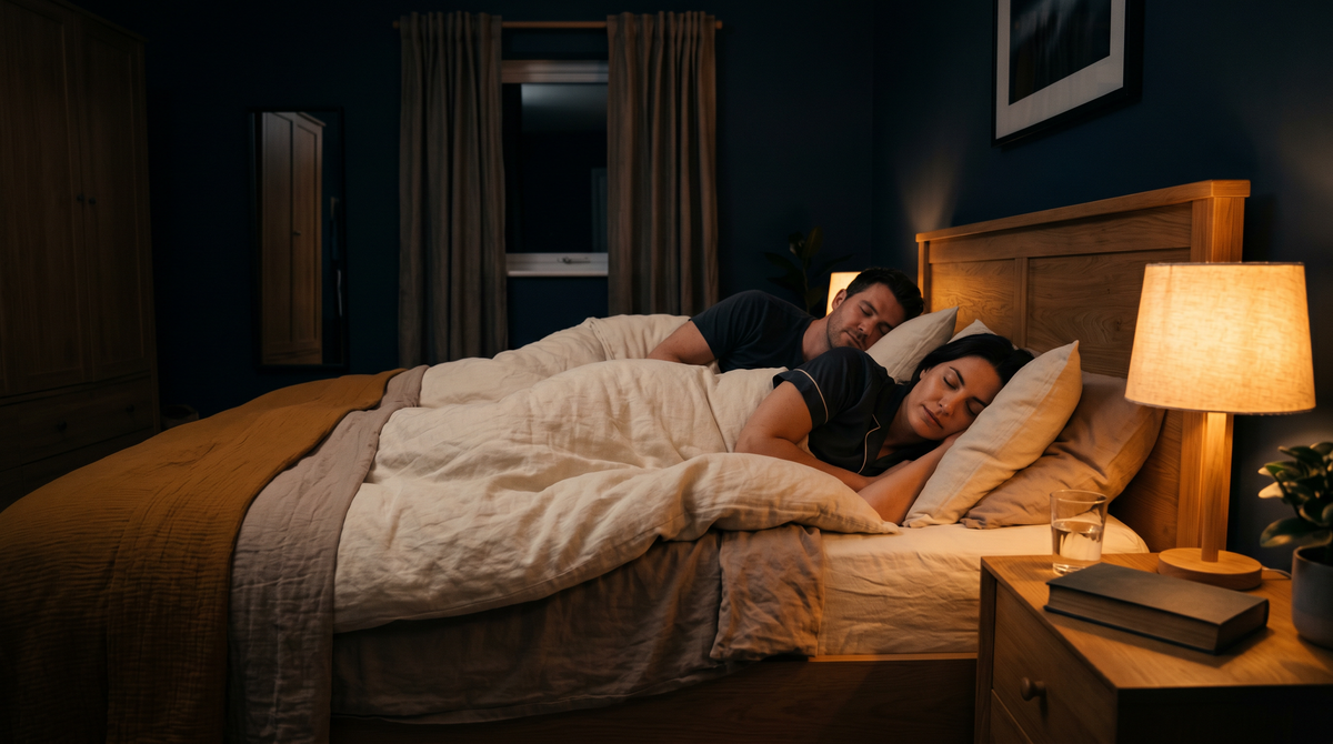 Calm dim bedroom at night with warm ambient lighting