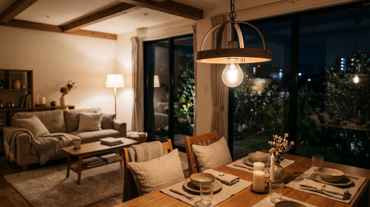 Cozy dining and living space with warm ambient lighting